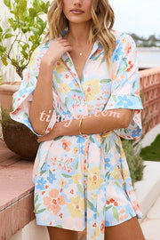 Floral Print Lapel Half Sleeve Tie Waist Loose Rompers