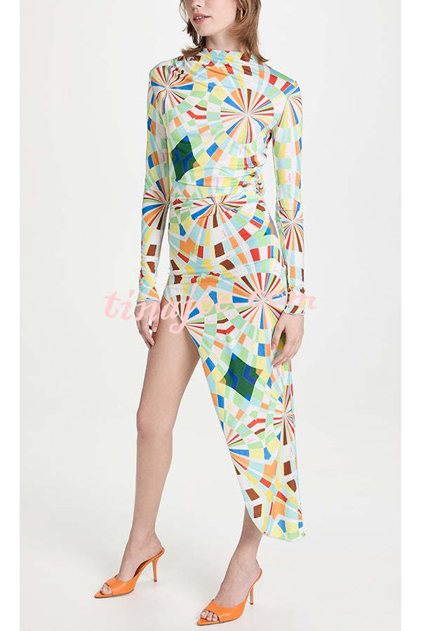 Colorful Season Printed Mock Neck Open Back Asymmetric Hem Stretch Midi Dress