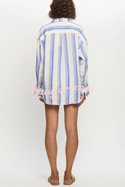 Stripe Print Lapel Long-sleeved Casual Shirt and Elastic Waist Loose Shorts Set