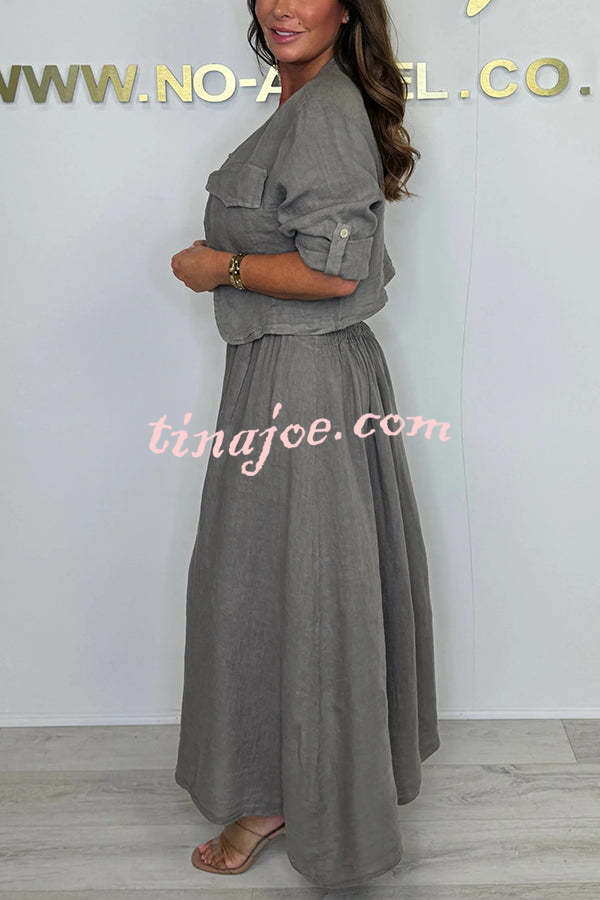 Solid Color Casual Short Jacket and Suspender Pleated Maxi Dress Set