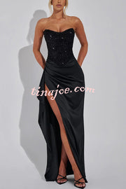 Amazing Dream Sequin Satin Patchwork Off Shoulder Ruffles Drape Slit Maxi Dress