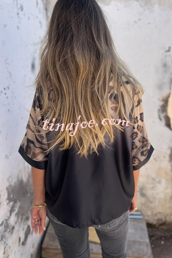 Classic Wild Satin Gradient Leopard Print Loose Short-sleeved Blouse