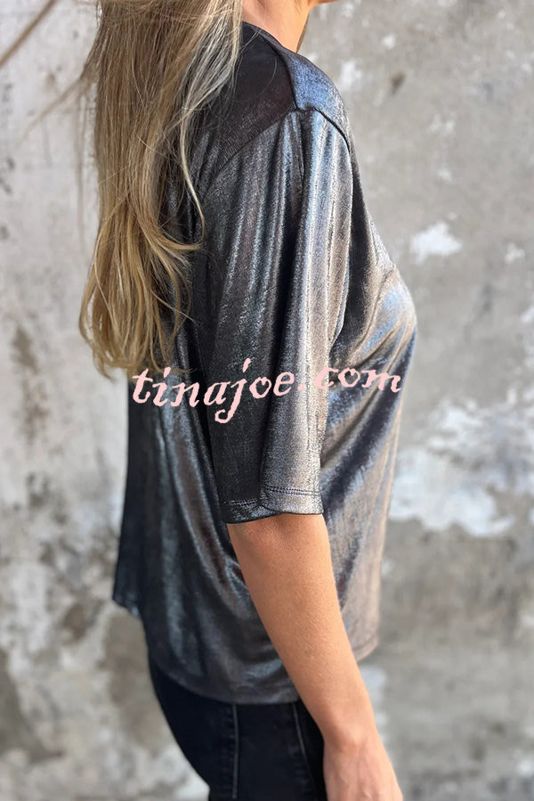 Metallic Solid Color Round Neck Short-sleeved Loose T-shirt