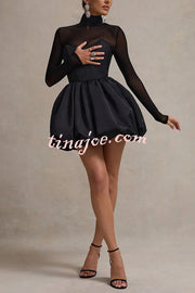 Elegant Mesh High Neck Long Sleeve Puff Hem Slim Sexy Mini Dress