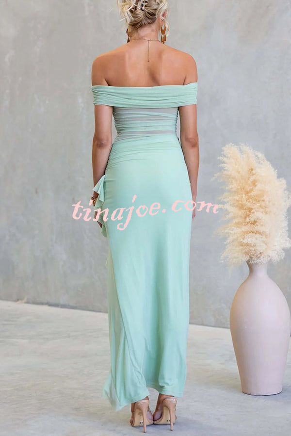 Sexy Mesh Off-shoulder Slim Fit Ruffled Slit Maxi Dress