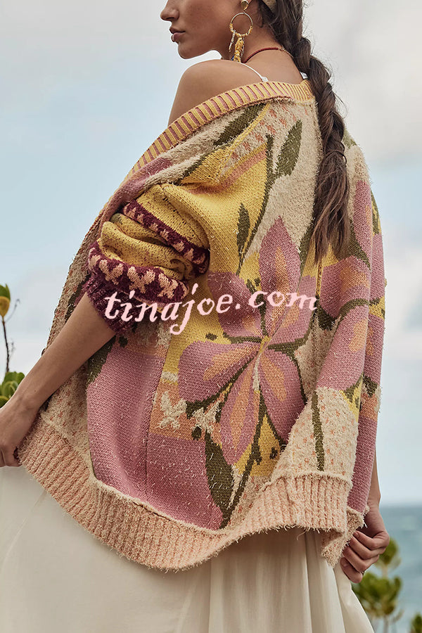 Floral Pattern Loose Long-sleeved Knitted Cardigan