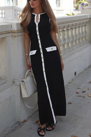 Elegant Slim Fit Crew Neck Buttoned Sleeveless Knit Midi Dress