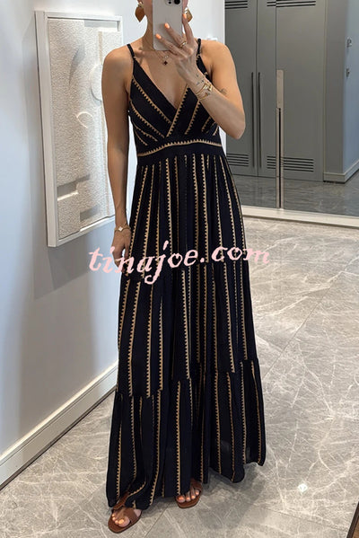 Striped Printed Suspender V-Neck Full Hem Loose Holiday Maxi Dress