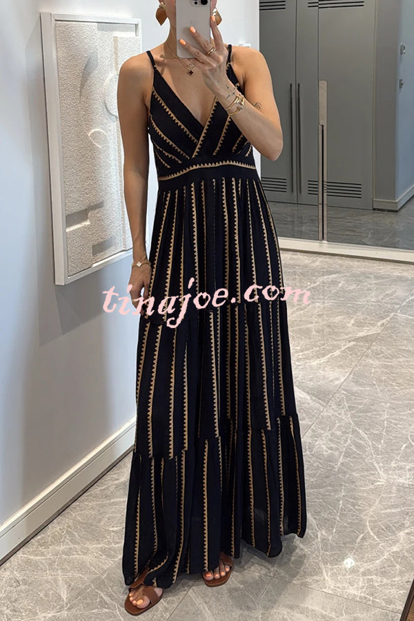 Striped Printed Suspender V-Neck Full Hem Loose Holiday Maxi Dress