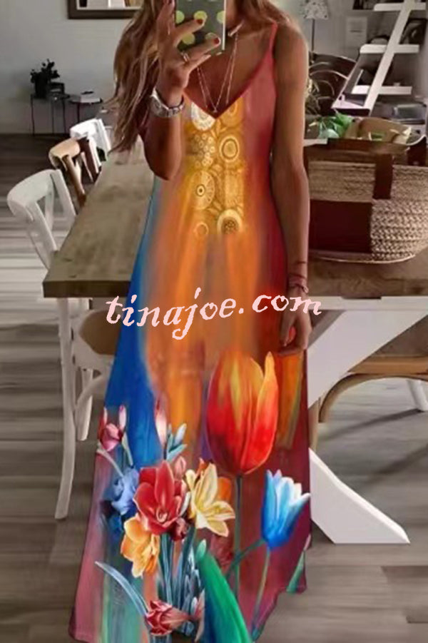Unique Printed Suspender V-neck Loose Maxi Dress