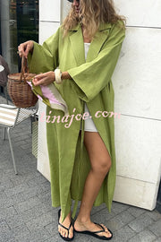 Linen Blend Solid Color Casual Lapel Tie Loose Maxi Dress