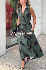 Polka Dot Print Shirt Pocketed Umbrella Maxi Dress