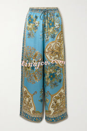 Satin Floral Print Loose Shirt and Elastic Waist Pocket Casual Wide-leg Pants
