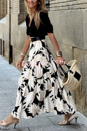 Resort Style Botanical Print Elastic Waist Loose Stitching Midi Skirt