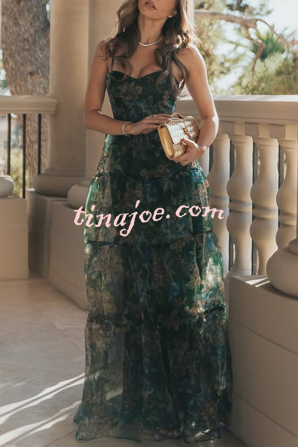 Exclusive Glamour Organza Floral Print Tiered Slip Maxi Dress