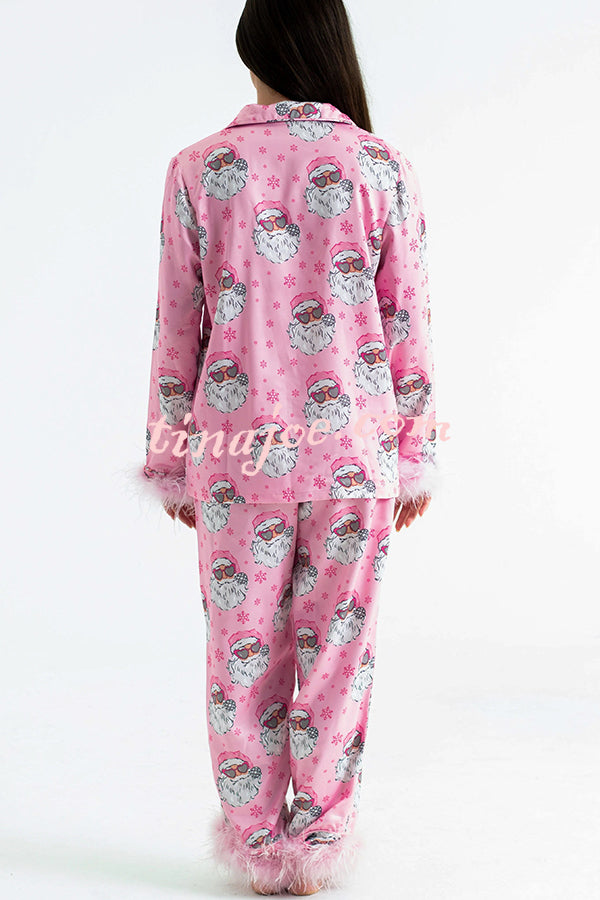 Christmas Besties Party Printed Feather Trim Elastic Waist Pocketed Pajama Set