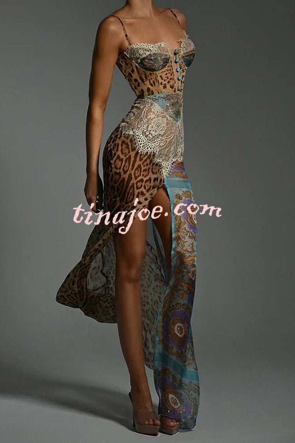 Chiffon Leopard Print Sexy Lace Splicing High Slit Slim Maxi Dress