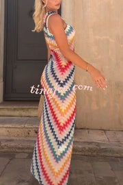 Vacay Charm Knit Colorful Zigzag Pattern One Shoulder Slit Maxi Dress