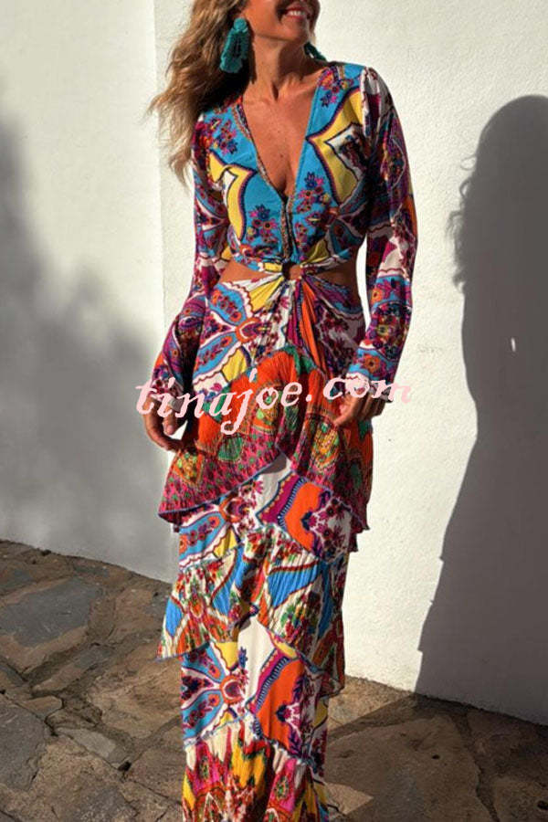 Colorful Day Unique Print Bell Sleeve Cutout Waist Layered Maxi Dress