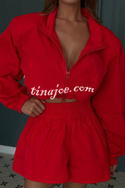 Solid Color Lapel Long-sleeved Loose Zipper Jacket and Elastic Waist Casual Shorts Set