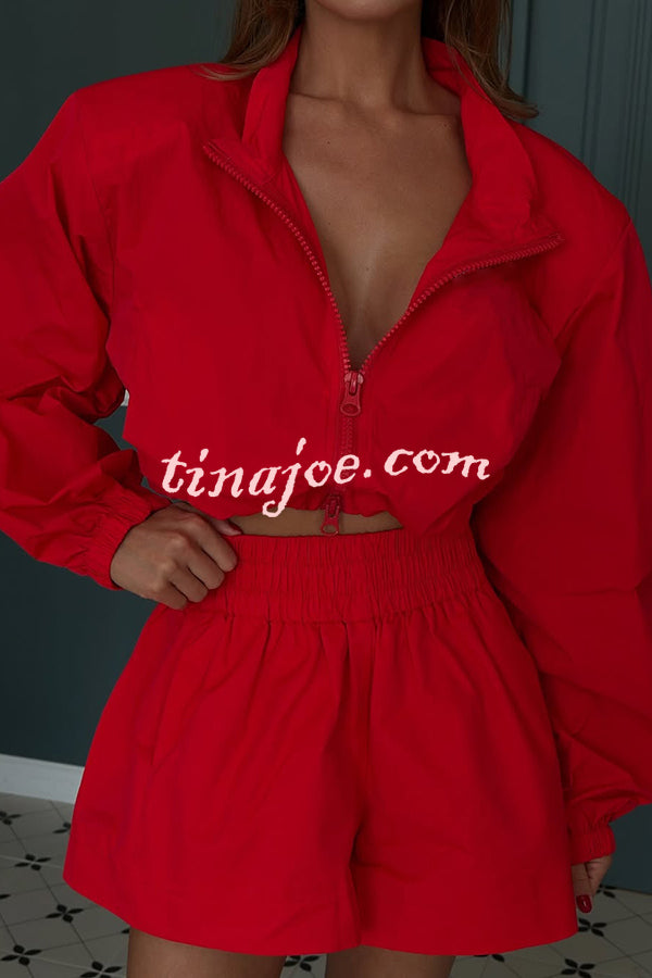 Solid Color Lapel Long-sleeved Loose Zipper Jacket and Elastic Waist Casual Shorts Set