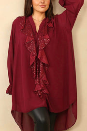 Solid Color Chiffon V-neck Long-sleeved Spliced sequin Casual Shirt