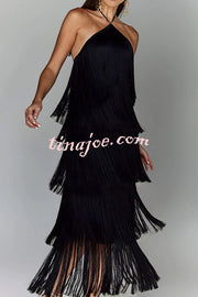 Sexy Halterneck Backless Elegant Fringe Maxi Dress