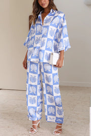 Ocean Legend Satin Shell Print Button Up Shirt and Elastic Waist Pants Set