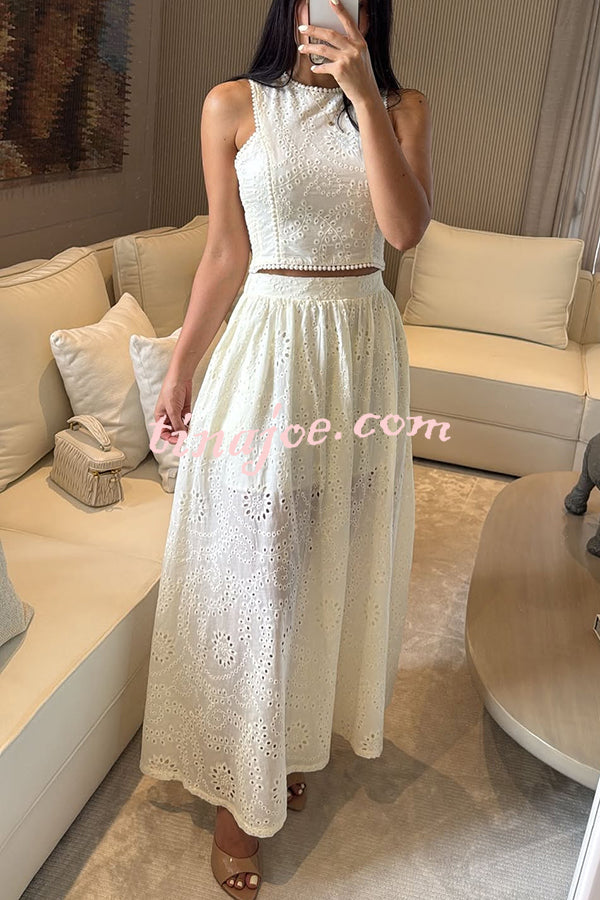 Kaya Embroidery Hollow Lace Back Smocked Tank and Elastic Waist A-line Maxi Skirt Set