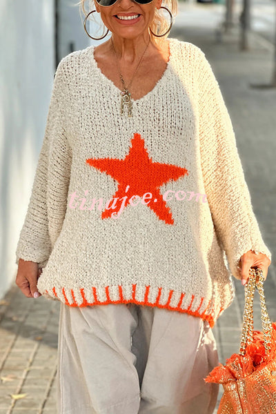 Warm Winter Day Texture Knit Star Pattern Contrast Color Loose Sweater