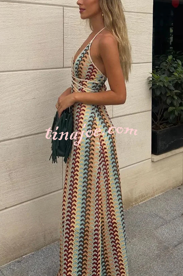 Playful Colorful Knit Holiday Style Halter Neck Maxi Dress