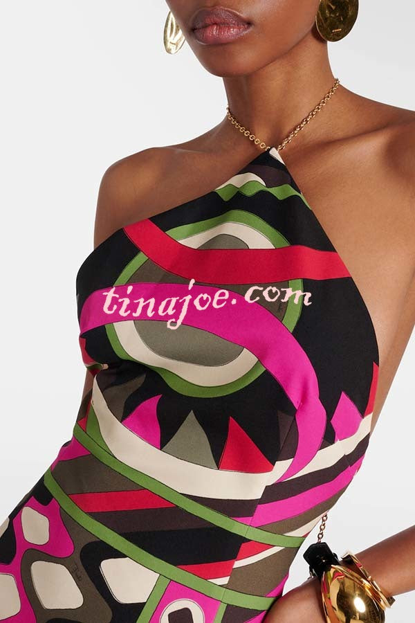 Jiya Unique Print Chain Detail Halter Backless Maxi Dress