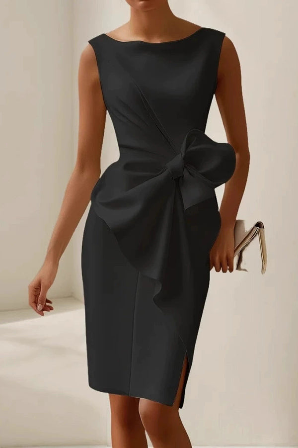 Solid Color Bow Decoration Round Neck Sleeveless Knee-Length Mini Dress