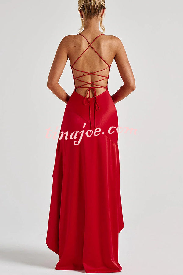 Samira Satin Back Lace-up Ruffles High Low Slit Maxi Dress