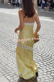 Sweet Trend Satin Lace Trim V-neck Slit Slip Maxi Dress