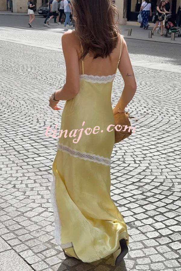 Sweet Trend Satin Lace Trim V-neck Slit Slip Maxi Dress