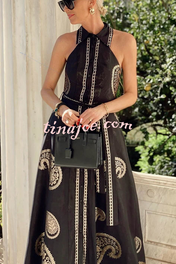 Vacation Calls Unique Print Shirt Neck Sleeveless Tie-up Pocketed Maxi Dress