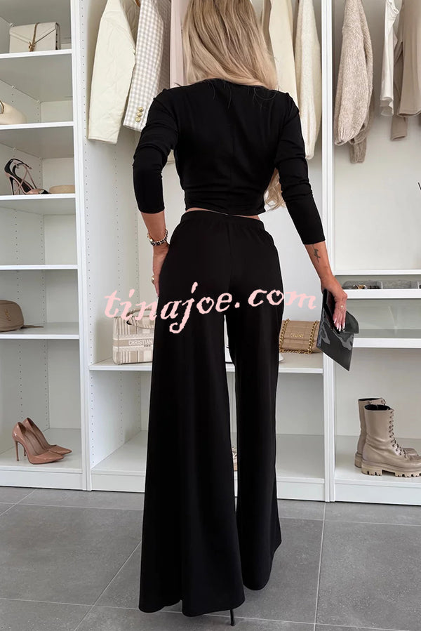 Solid Color Round Neck Long Sleeve Twist Crop Top and Elastic Waist Pocket Wide Leg Pants Set