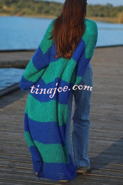 Fashionable Contrast Stripes Lazy Style Loose Long Knitted Cardigan