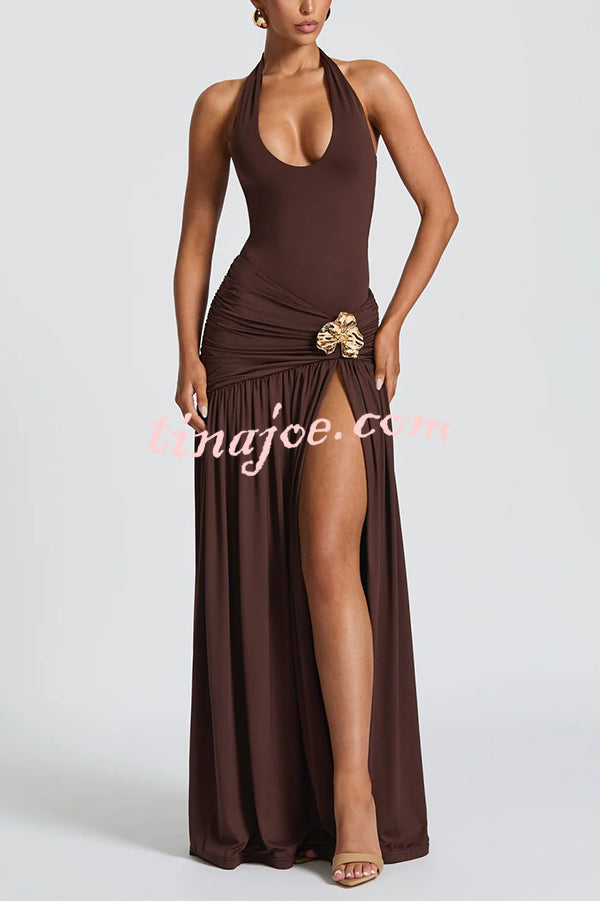 Solid Color Halter Neck Backless Slim Fit Pleated Slit Maxi Dress