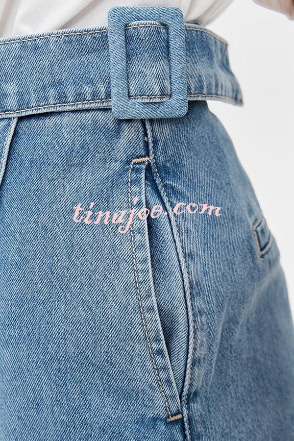Fall for That Denim Faux Wrap Buckle Tie Pocketed Mini Shorts