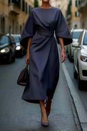 Solid Color Batwing Sleeve Waisted Casual Midi Dress