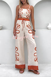 Floral Print Suspender Back Pleated Top and Elastic Waist Drawstring Pants Set