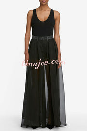 Avant-garde Fashion Denim Flowing Organza Patchwork Pocketed Wide Leg Jeans