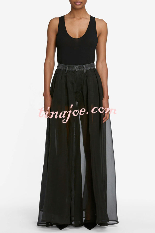 Avant-garde Fashion Denim Flowing Organza Patchwork Pocketed Wide Leg Jeans