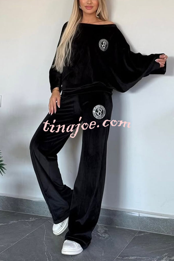 Solid Color Velvet Round Neck Bat Sleeve Casual Top and Elastic Waist Loose Pocket Pants Set