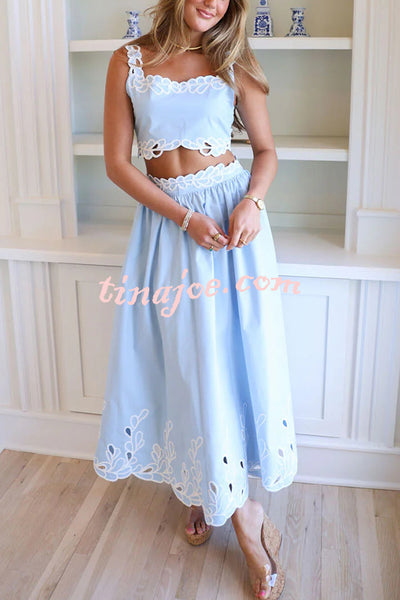 Perfect Vacation Embroidered Trim Crop Tank and Elastic Waist A-line Maxi Skirt Set