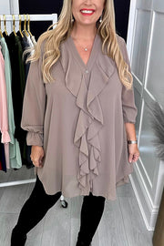 Solid Color Chiffon V-neck Long-sleeved Ruffle Casual Shirt