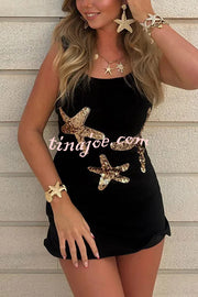 Beachside Dreams Starfish Sequin Wave Hem Stretch Tank Mini Dress