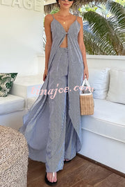 Striped Print Sleeveless Long Casual Top and Loose Straight Pants Set